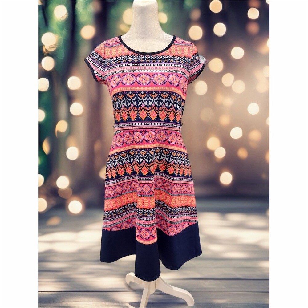 2-Hip by Wrapper Dress Girls Size 16 Pink Navy Geometric Fit & Flare